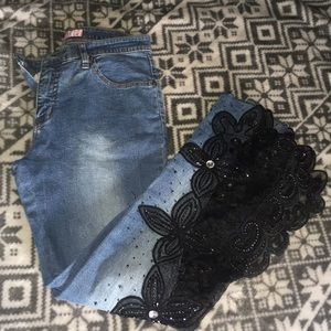 Flared Jeans w/ black flower lace calf slit